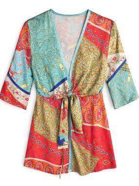 CAbi Boho Paisley Wrap Blouse Tie Front Kimono Festival Multicolor S
